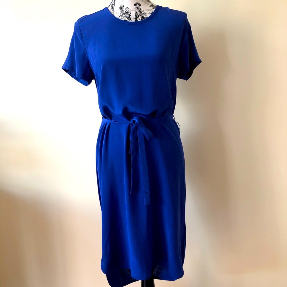 MARCS Cobalt Blue Dress 100% Silk Pullover Shift Tie Waist High Low Skirt Size M - Picture 2 of 16